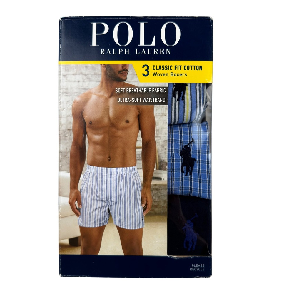 Polo Ralph Lauren 3 Pack Classic Fit Woven Cotton Boxers XL Blue Navy Stripe